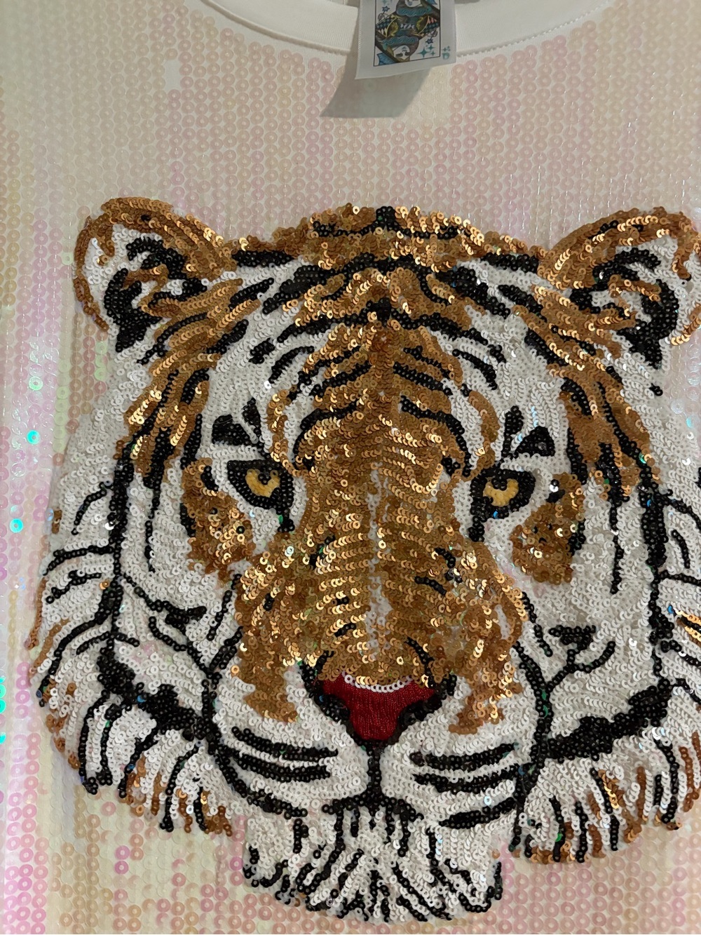 QUEEN OF SPARKLES Iridescent Pink Sequin Mini Dress with Gold Tiger Motif - Picture 2 of 8